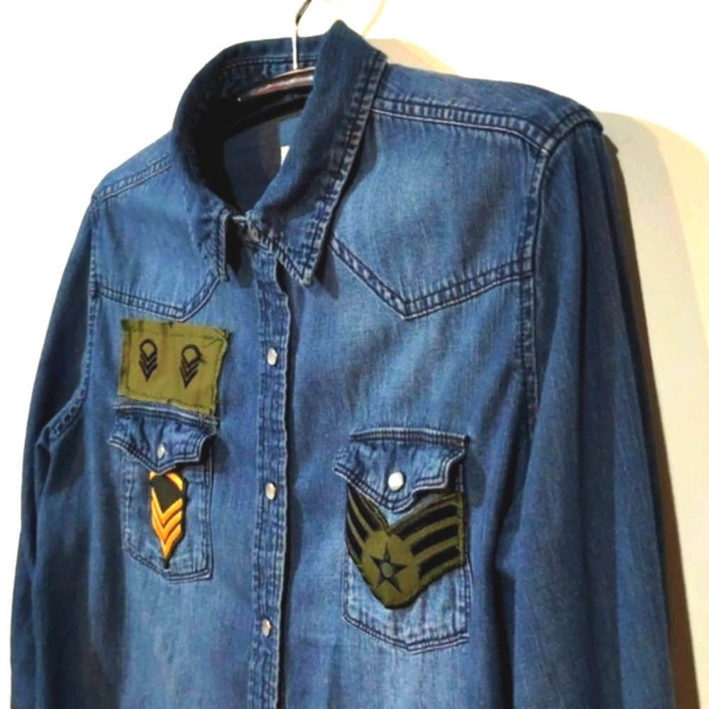 Denim Shirt Jacket Streetwear Patchwork Military Customized Universal Thread Med